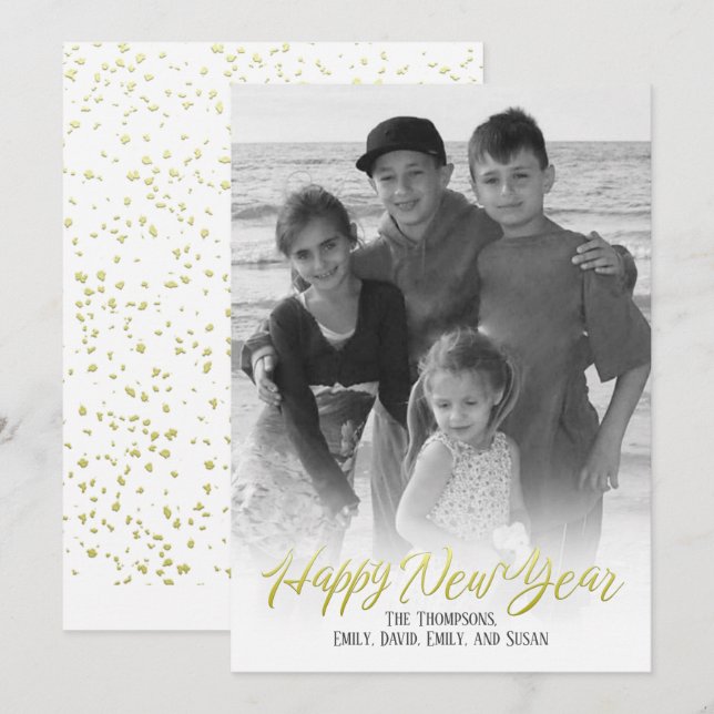 Happy New Year Gold Calligraphy Script 1 Photo Holiday Card (Front/Back)
