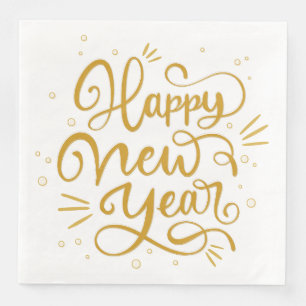 Happy New Year Gold Calligraphy Script Paper Dinner Napkins