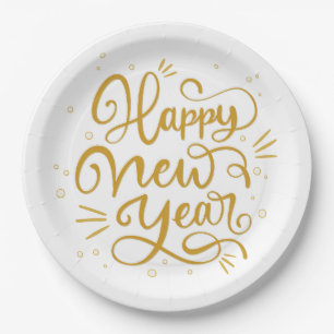 Happy New Year Gold Calligraphy Script Paper Plates