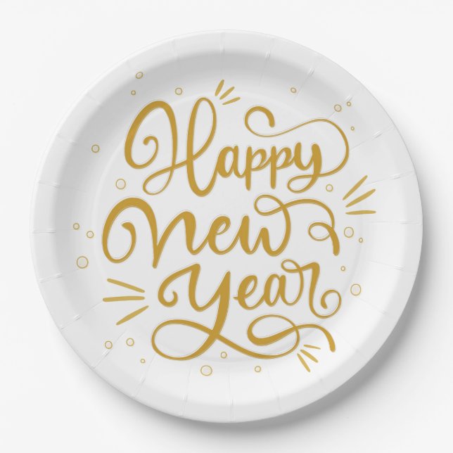 Happy New Year Gold Calligraphy Script Paper Plates (Front)