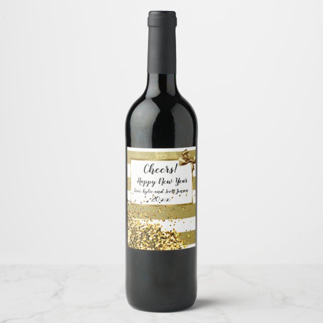 Happy New Year Gold Confetti and Bow Wine Label (Front)