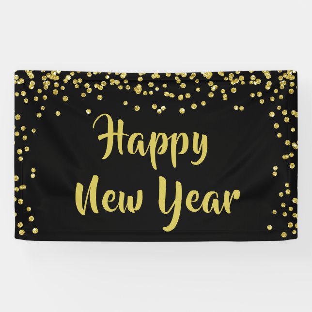 HAPPY NEW YEAR Gold Confetti Brush Script Banner (Horizontal)