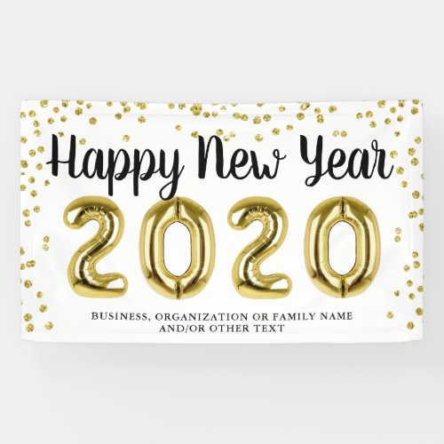 HAPPY NEW YEAR Gold Confetti Brush Script White Banner