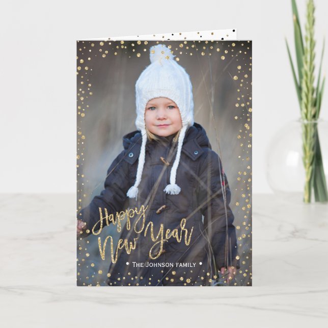 Happy New Year | Gold Confetti | Photo Card (Front)