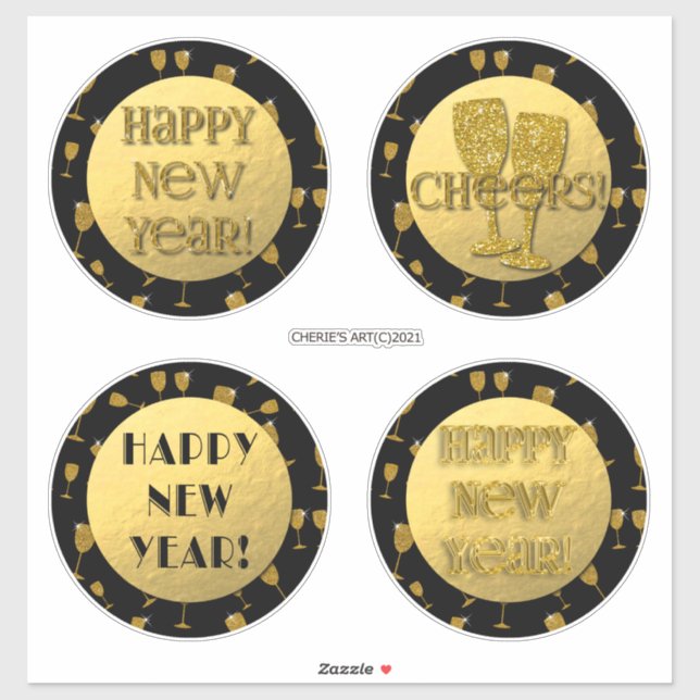 Happy New Year Gold Faux Foil and Black Sticker (Sheet)