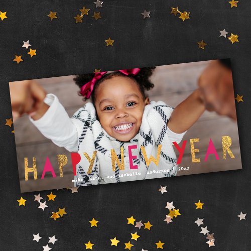 Happy New Year Gold Faux Foil Pink Photo Holiday Card