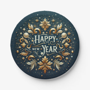 Happy New Year Gold Flourish Festive  Paper Plates