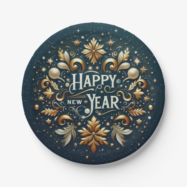 Happy New Year Gold Flourish Festive  Paper Plates (Front)