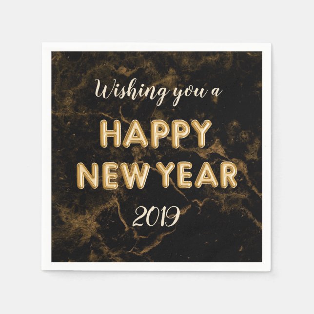 Happy New Year Gold Foil Balloons Marble Black Napkins (Front)