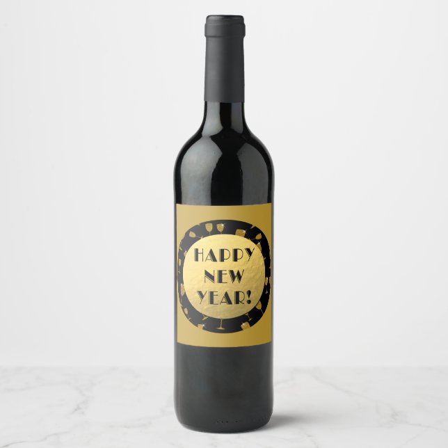 Happy New Year! Gold Foil Lable, Gold Glasses Wine Label (Front)