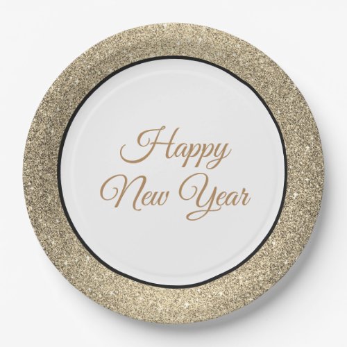 Happy New Year Gold Glitter 9 Paper Plates