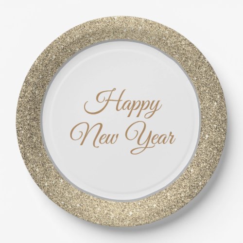Happy New Year Gold Glitter 9 Paper Plates