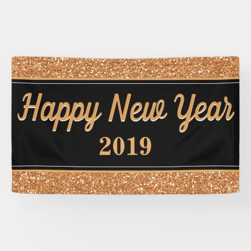 Happy New Year Gold Glitter Black Banner