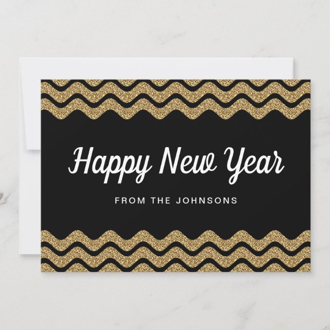Happy New Year Gold Glitter Black Stripes Holiday Card (Front)