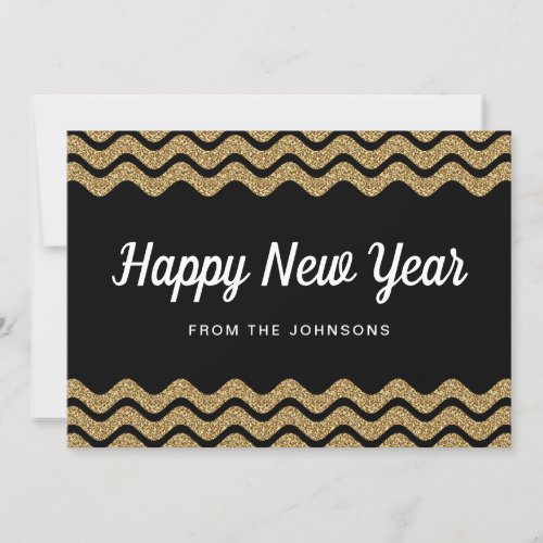 Happy New Year Gold Glitter Black Stripes Holiday Card
