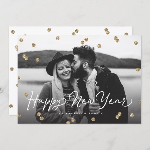 Happy New Year Gold Glitter Confetti Dots Holiday Card