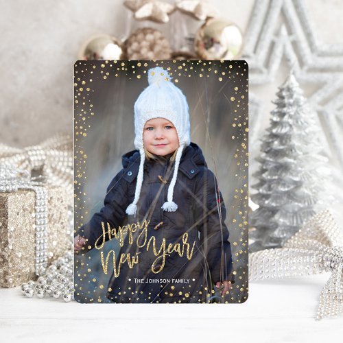 Happy New Year  Gold  Glitter Dots  Photo Card