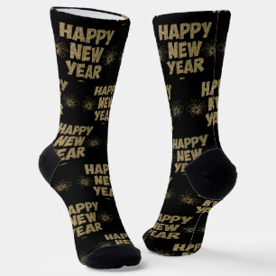 Happy New Year Gold Glitter on Black Socks