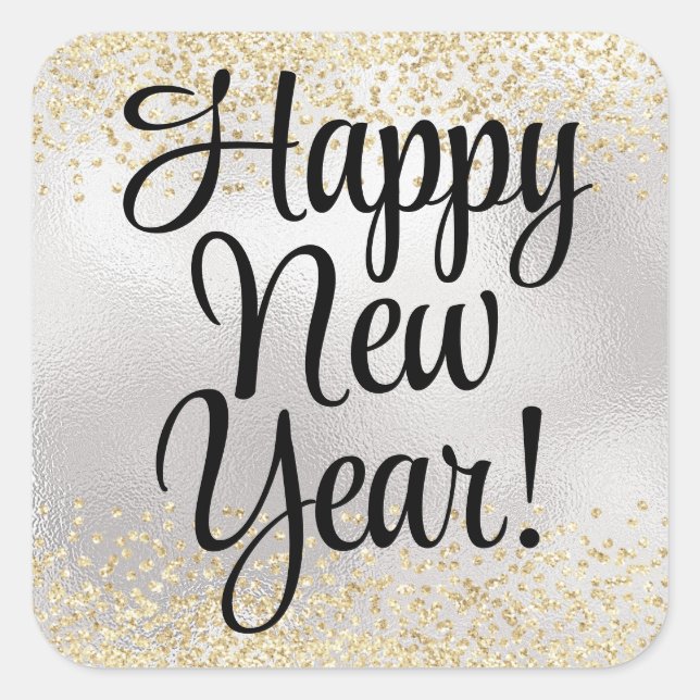 Happy New Year Gold Glitter on Metallic Silver Square Sticker (Front)