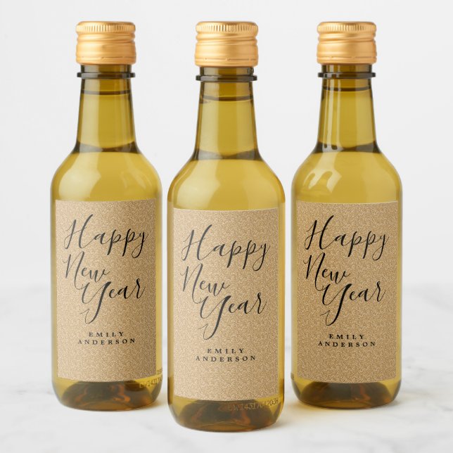 Happy New Year Gold Glitter Personalized Party Wine Label (Bottles)