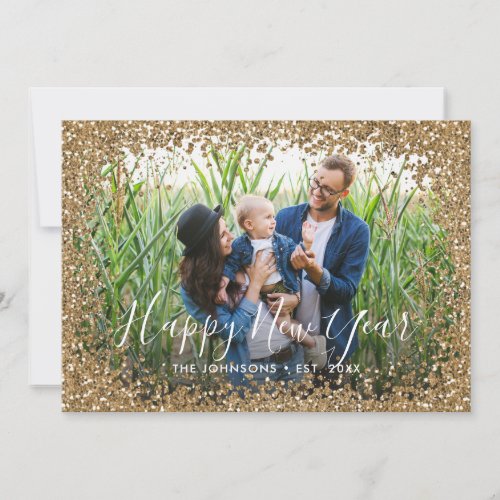 Happy New Year Gold Glitter Photo Frame Holiday Card
