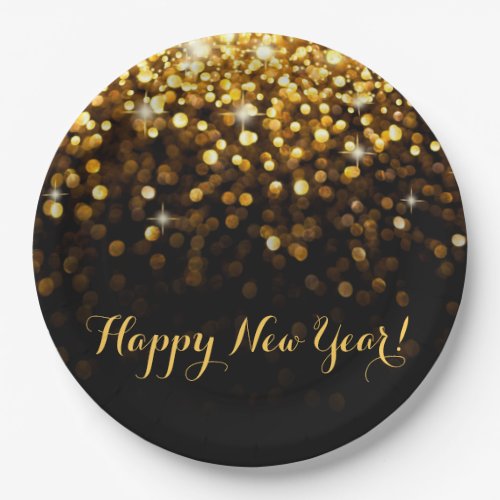 Happy New Year Gold Glitter Sparkles New Years Eve Paper Plates