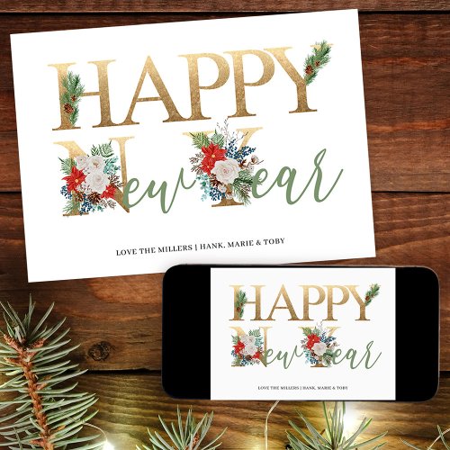 Happy New Year Gold Green Poinsettia and Pine Holiday Card