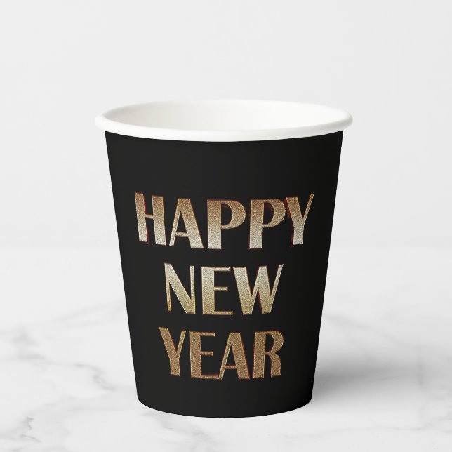 Happy New Year Gold Metallic Text Image Paper Cups (Front)