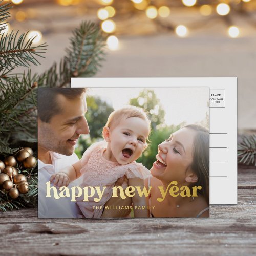 Happy New Year Gold Minimal Photo Foil Holiday Postcard