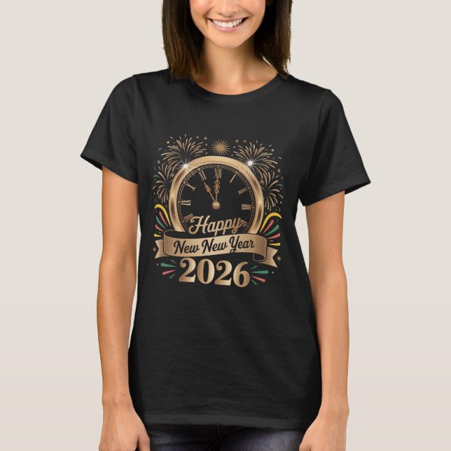 Happy New Year Gold Ribbon Stars Festive New Years T-Shirt (Front)