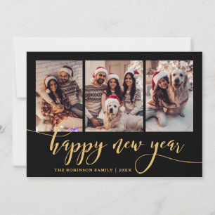 Happy New Year Gold Script 3 Photo Collage Black Holiday Card
