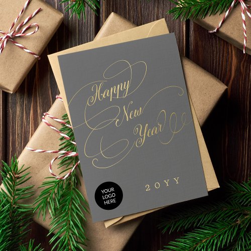 Happy New Year gold script business corporate logo Holiday Card