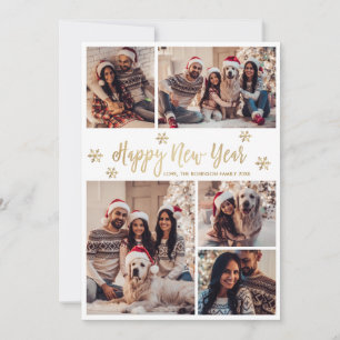 Happy New Year Gold Script Snowflake Photo Collage Holiday Card