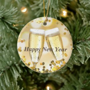 Happy New Year Gold Sparkle Champagne Ceramic Ornament