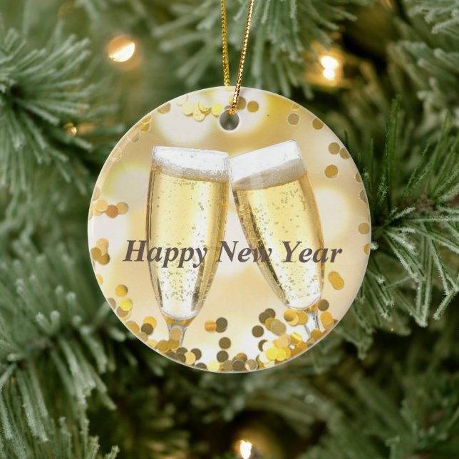 Happy New Year Gold Sparkle Champagne Ceramic Ornament (Tree)