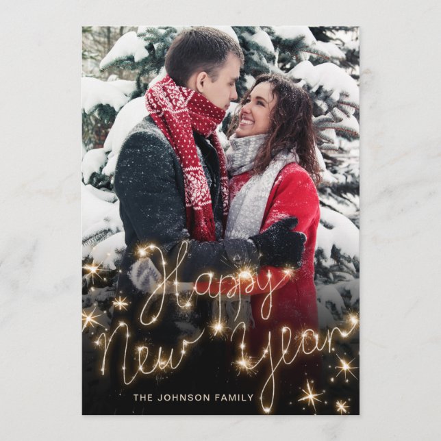 Happy New Year Gold Sparkle Script PHOTO Greeting Holiday Card (Front)