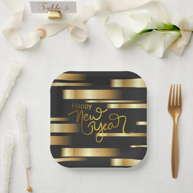Happy New Year Gold Striped Paper Plates (Wedding)