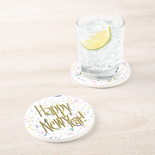 Happy New Year - Gold Text Confetti Coaster (Side)