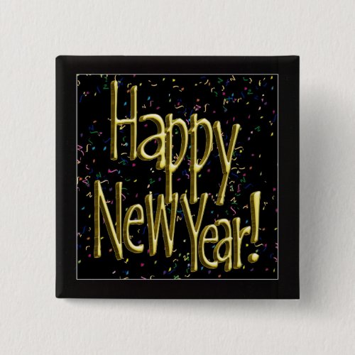 Happy New Year _ Gold Text on Black Confetti Button