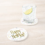 Happy New Year - Gold Text on Black Confetti Coaster