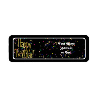 Happy New Year - Gold Text on Black Confetti Label