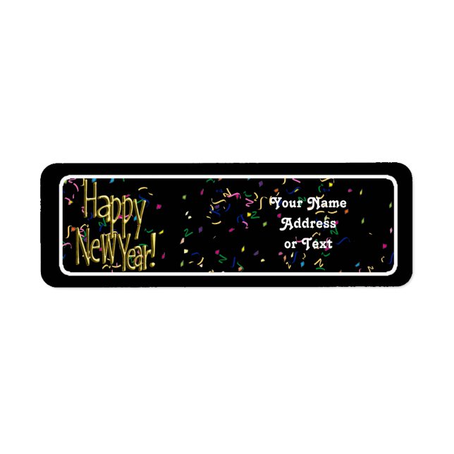 Happy New Year - Gold Text on Black Confetti Label (Front)
