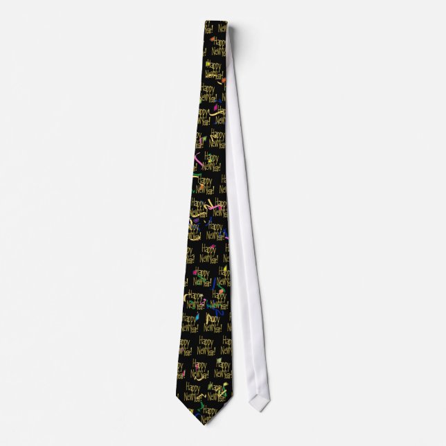 Happy New Year - Gold Text on Black Confetti Neck Tie (Front)