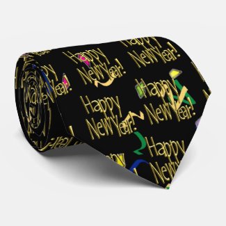 Happy New Year - Gold Text on Black Confetti Neck Tie