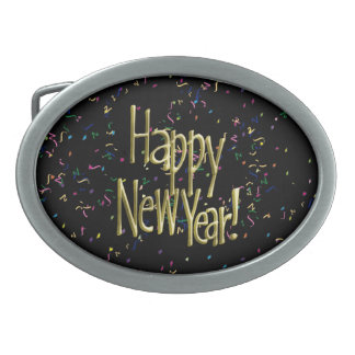 Happy New Year - Gold Text on Black Confetti Oval Belt Buckle