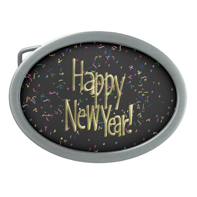 Happy New Year - Gold Text on Black Confetti Oval Belt Buckle (Front)