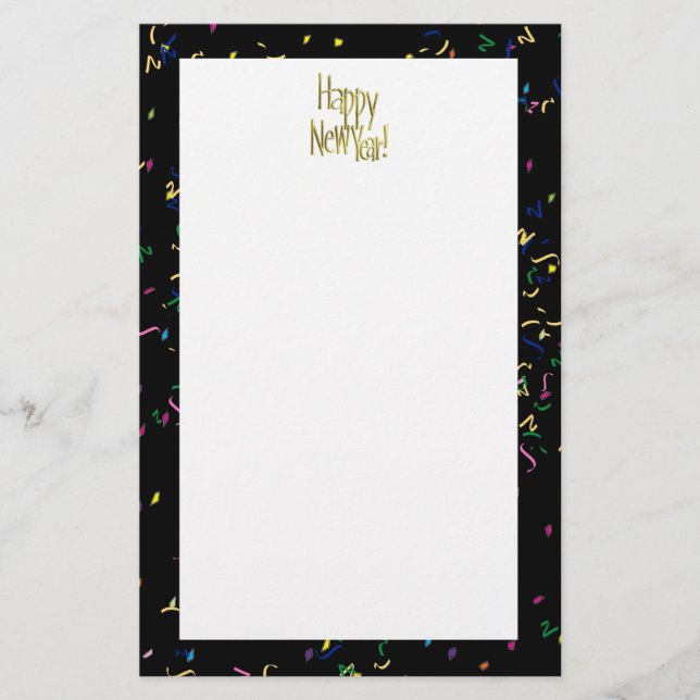 Happy New Year - Gold Text on Black Confetti Stationery (Front)