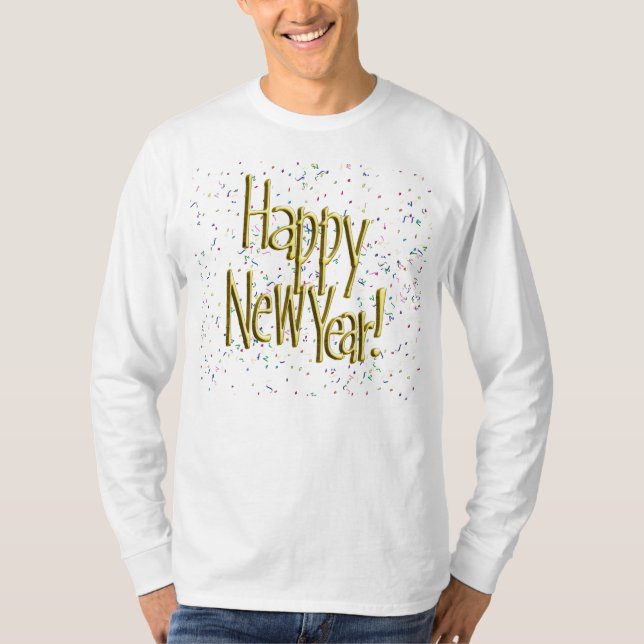 Happy New Year - Gold Text on Confetti T-Shirt (Front)