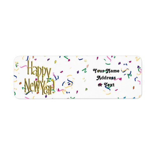 Happy New Year _ Gold Text on White Confetti Label