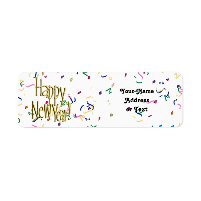 Happy New Year - Gold Text on White Confetti Label (Front)